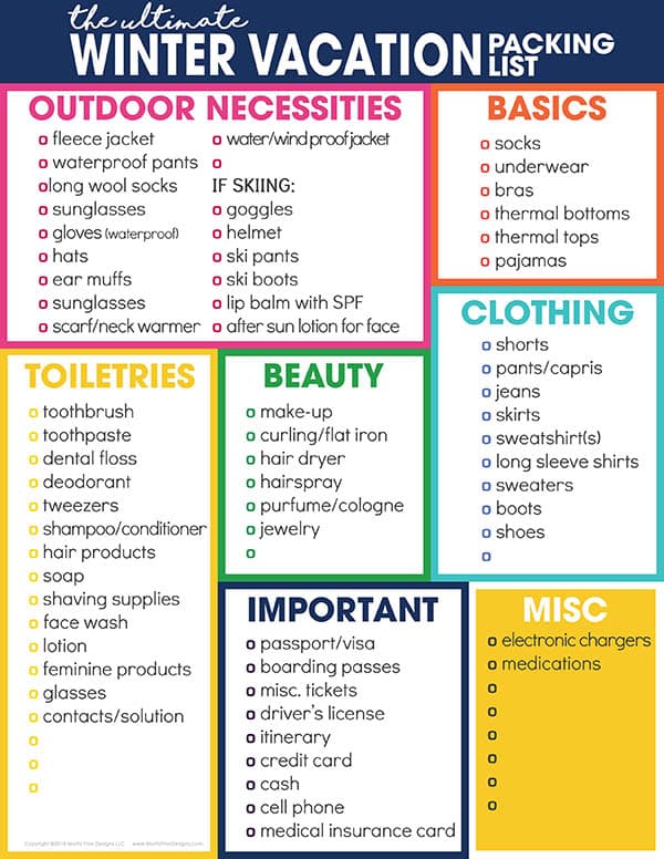 Winter Vacation Packing List For Cold Weather Free Printable