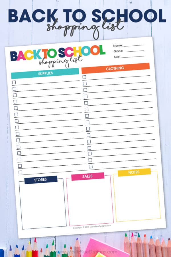 Free Printable Back to School Shopping List