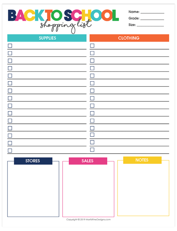 Free Printable Back to School Shopping List