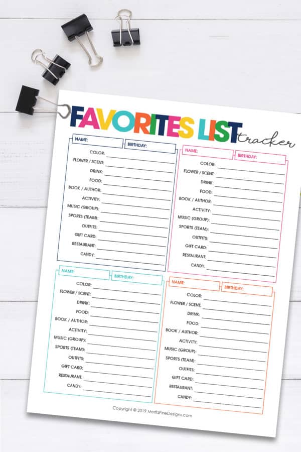 Favorites List Tracker | Free Printable Download Organizer